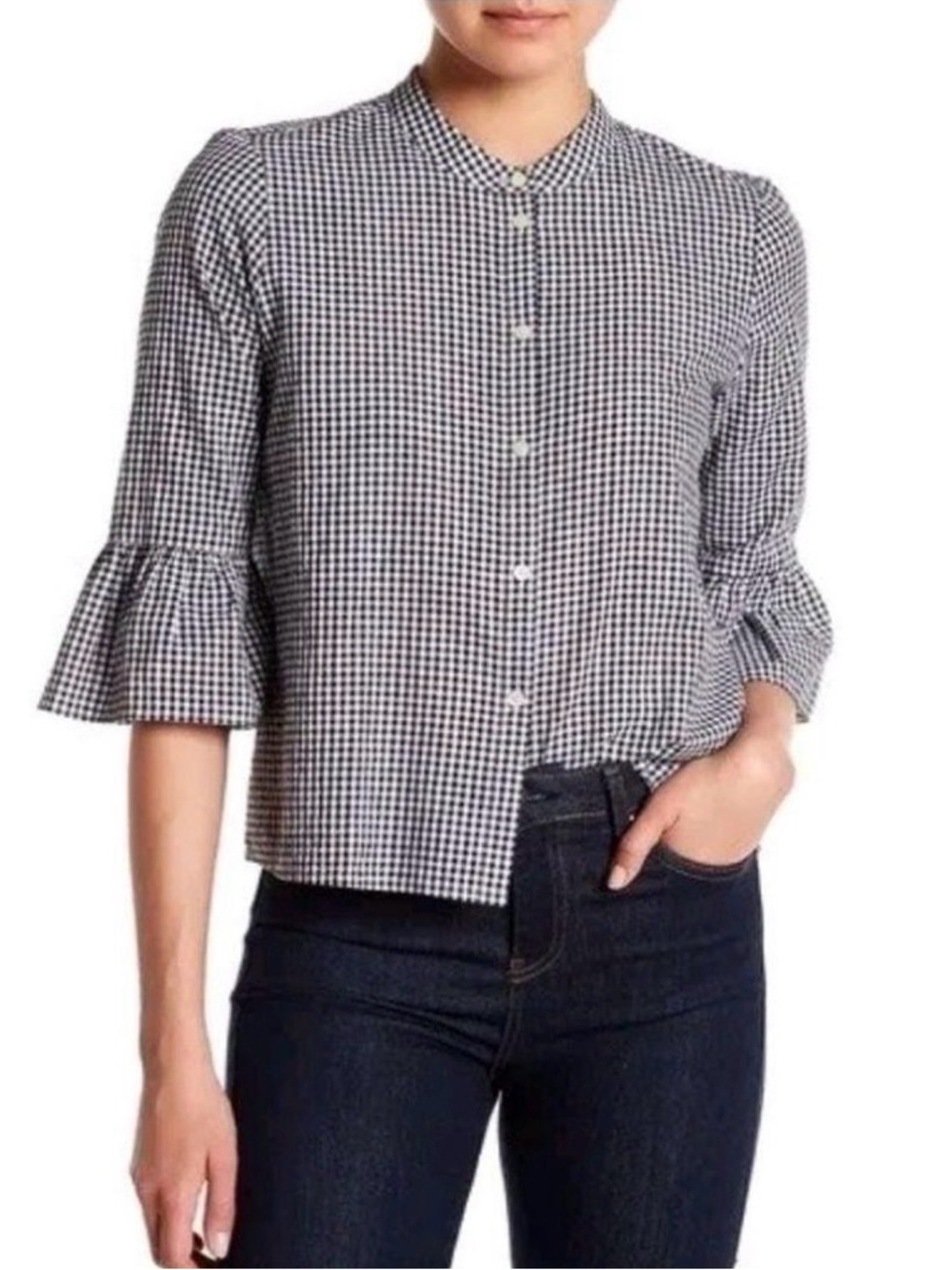 MADEWELL Black & White Gingham Button-Front Top with Ruffle Sleeves